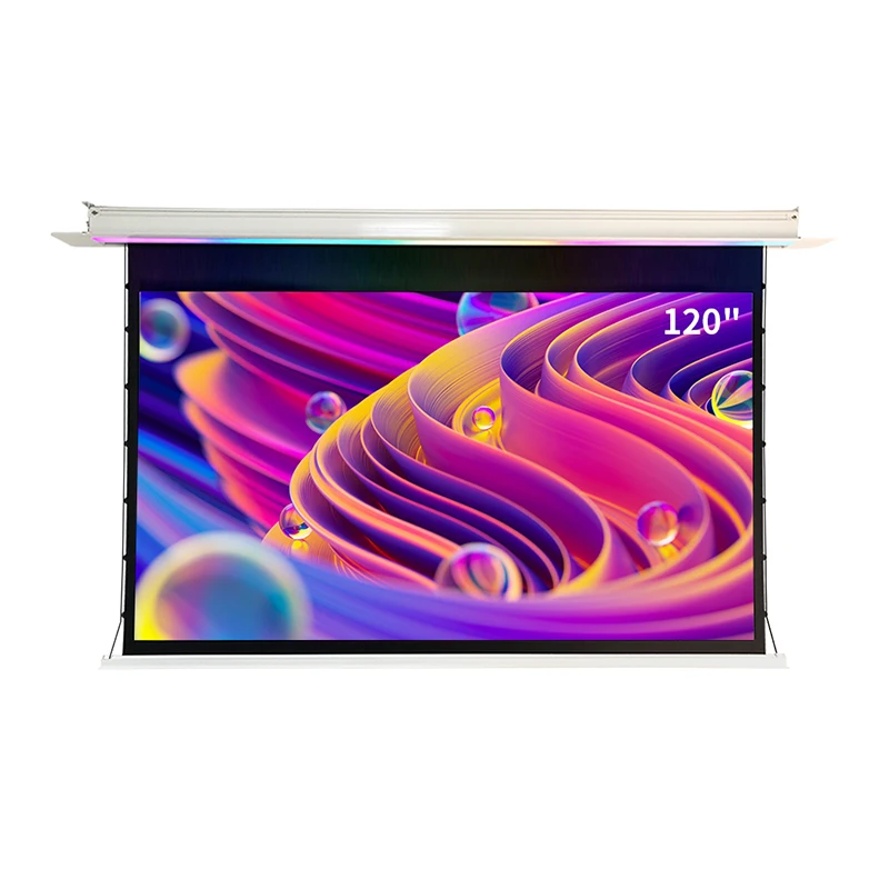 

120" Voice Control Electric Tab tension Projection Screen Colorful Neon Lights Motorized Ceiling Drop Down Projector Screen