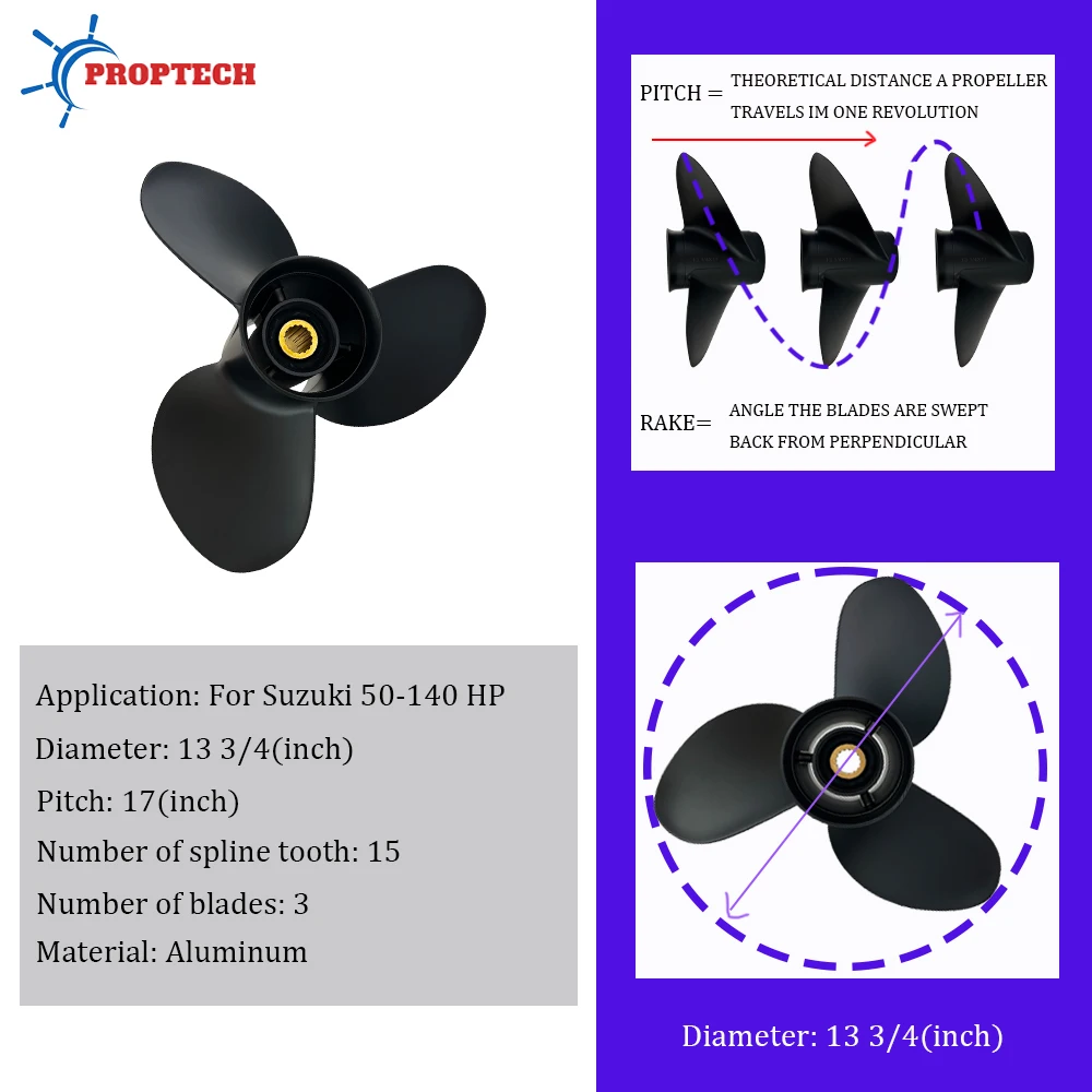 Hélice de barco adequada para 60hp 70hp 90hp 100hp 115hp 140hp Suzuki 13 3/4 × 17 Parte de motor de popa de liga de alumínio 3 lâminas 15 dentes estriados