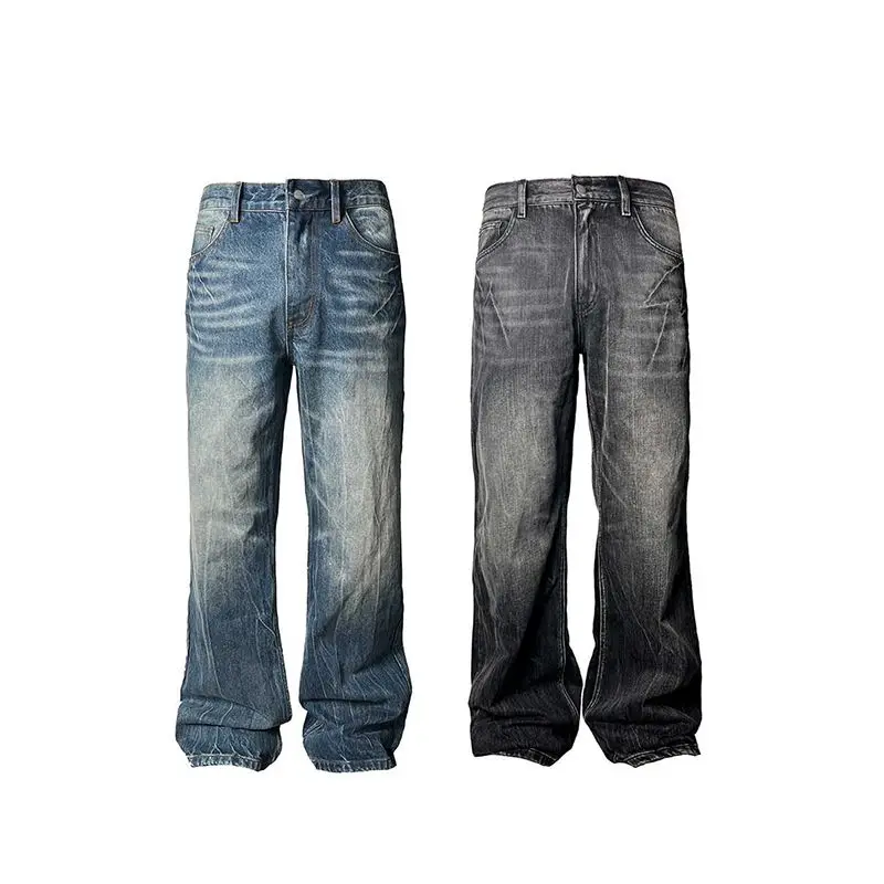 Men's Lightning Burst Pattern Vintage Jeans Wide Leg Sweatpants Young Boys Casual Pants High Waist Bottoms Male Street Trousers