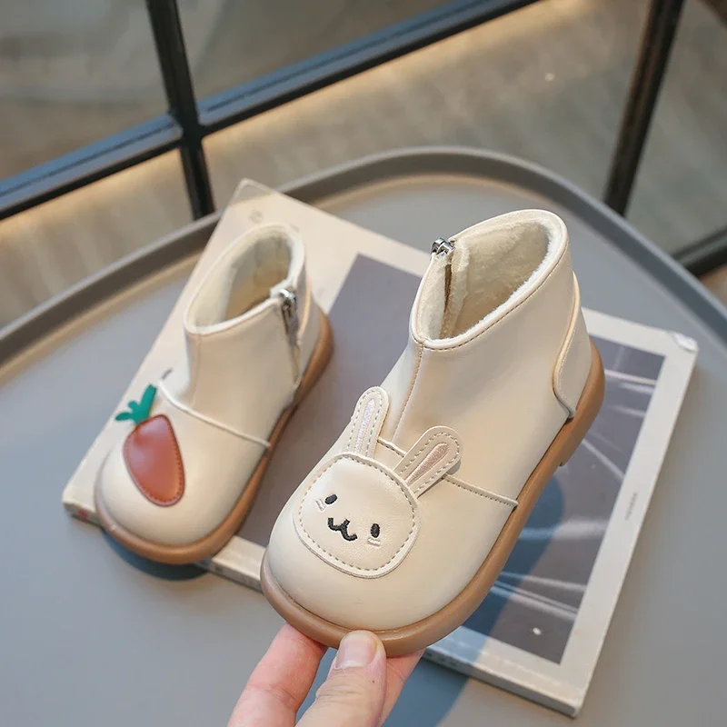 Kids Snow Boots Cute Bunny Girls Boots for Winter Fashion Cartoon Children Causal Warm Ankle Cotton Boots Non-slip Side Zipper