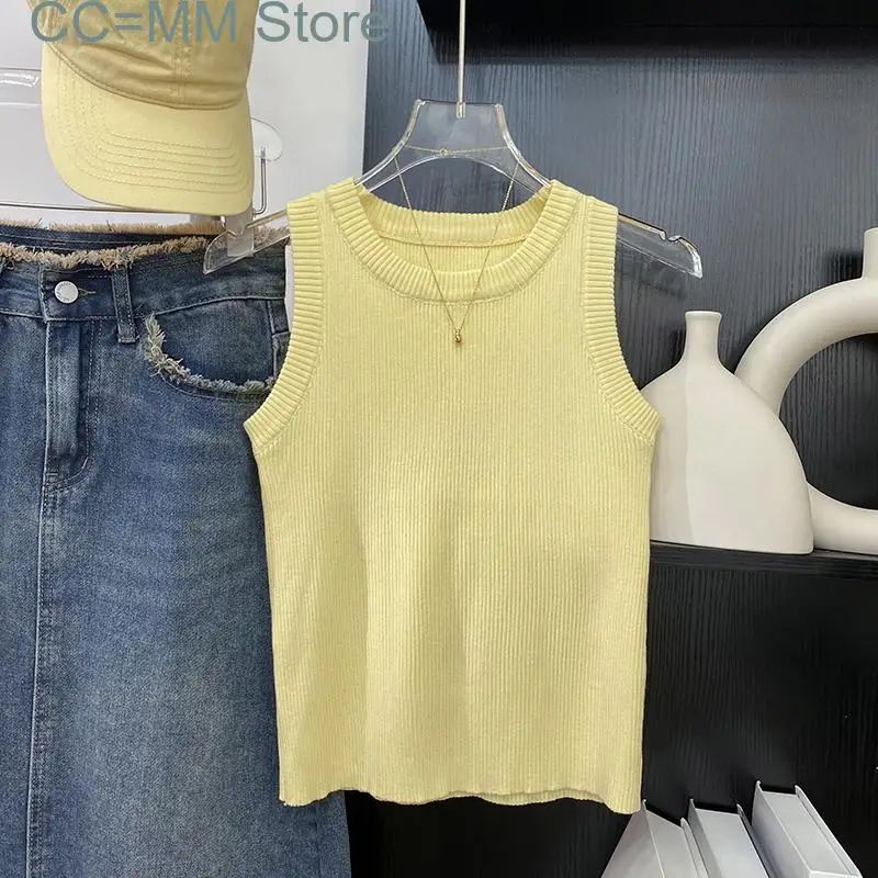 New Striped Knitted Tank Top for Women Sleeveless O Neck Vintage Slim Chic Crop Top Office Ladies Casual Top