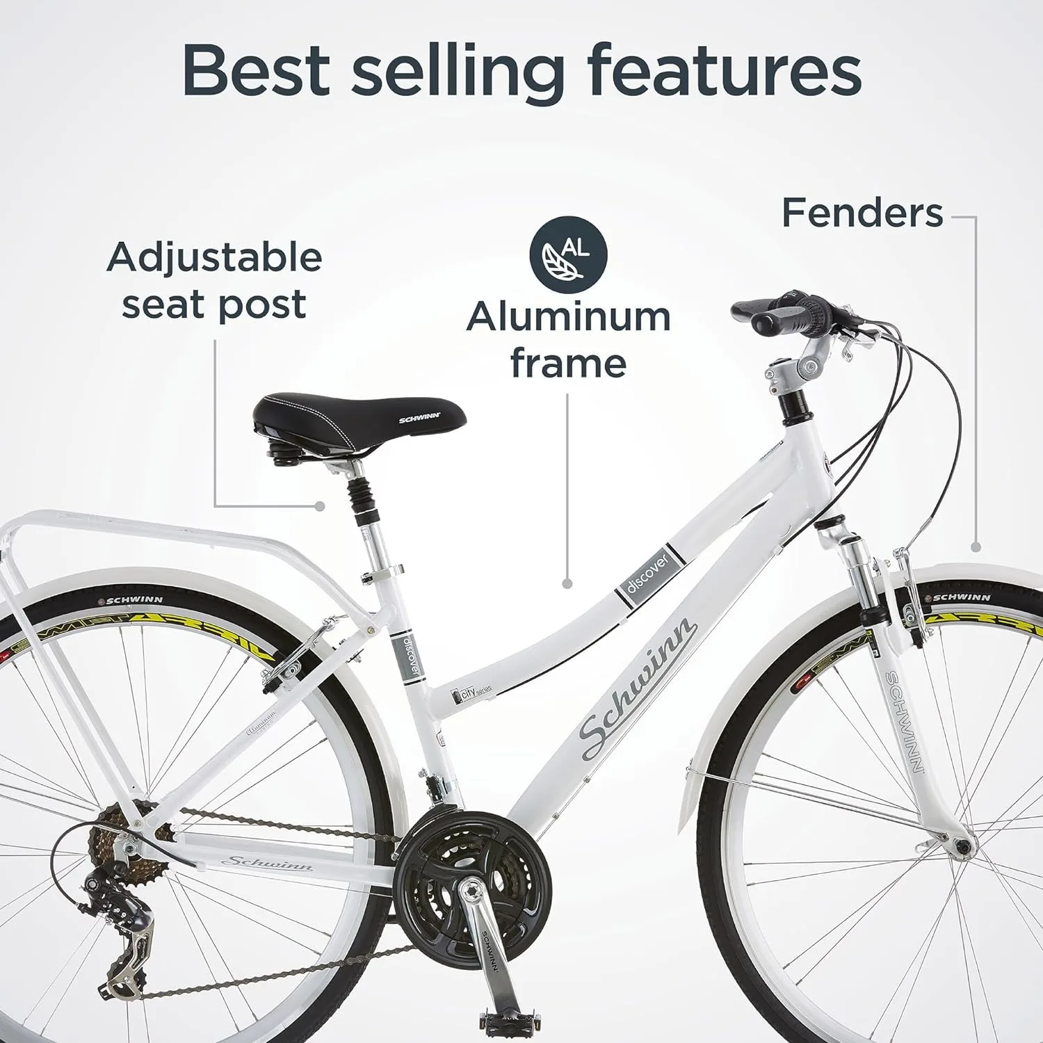 Discover Hybrid Bike, 700c Wheels, 21-Speeds, Step-Through or Step-Over Frame, Front and Rear Fenders, Rear Cargo Rack