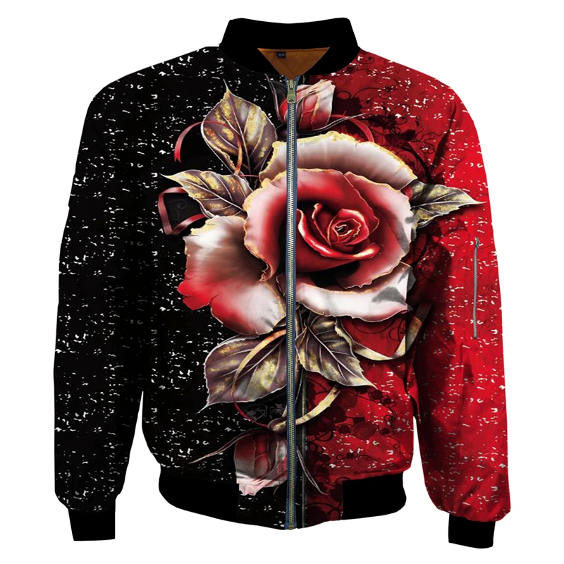 3D Rose Flowers Printed Mens Zip Up Jacket Sweatshirt Street Punk Style Zip Pullover Oversized Jacket Coat Fresh Casual Clothes