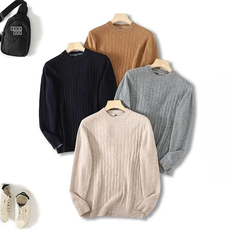 

Мужской зимний свитер из 100% шерсти, однотонный, с круглым вырезом, теплый, модный, городской стиль, с длинными рукавами, молодежный трикотаж