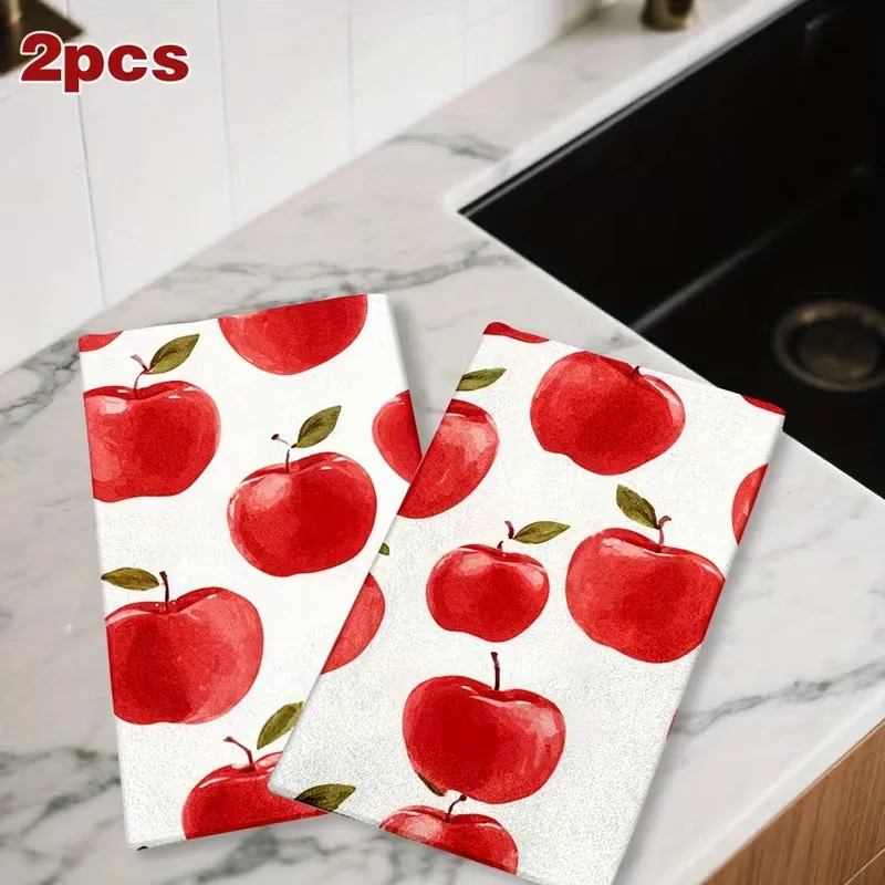2-Pack Kitchen Towels, White Pattern with Red Apples, Absorbent Cloth, Suitable for Cooking/Baking/Dishwashing/Hand Towels/Tea Towels/Kitchen Decoration and Gifts