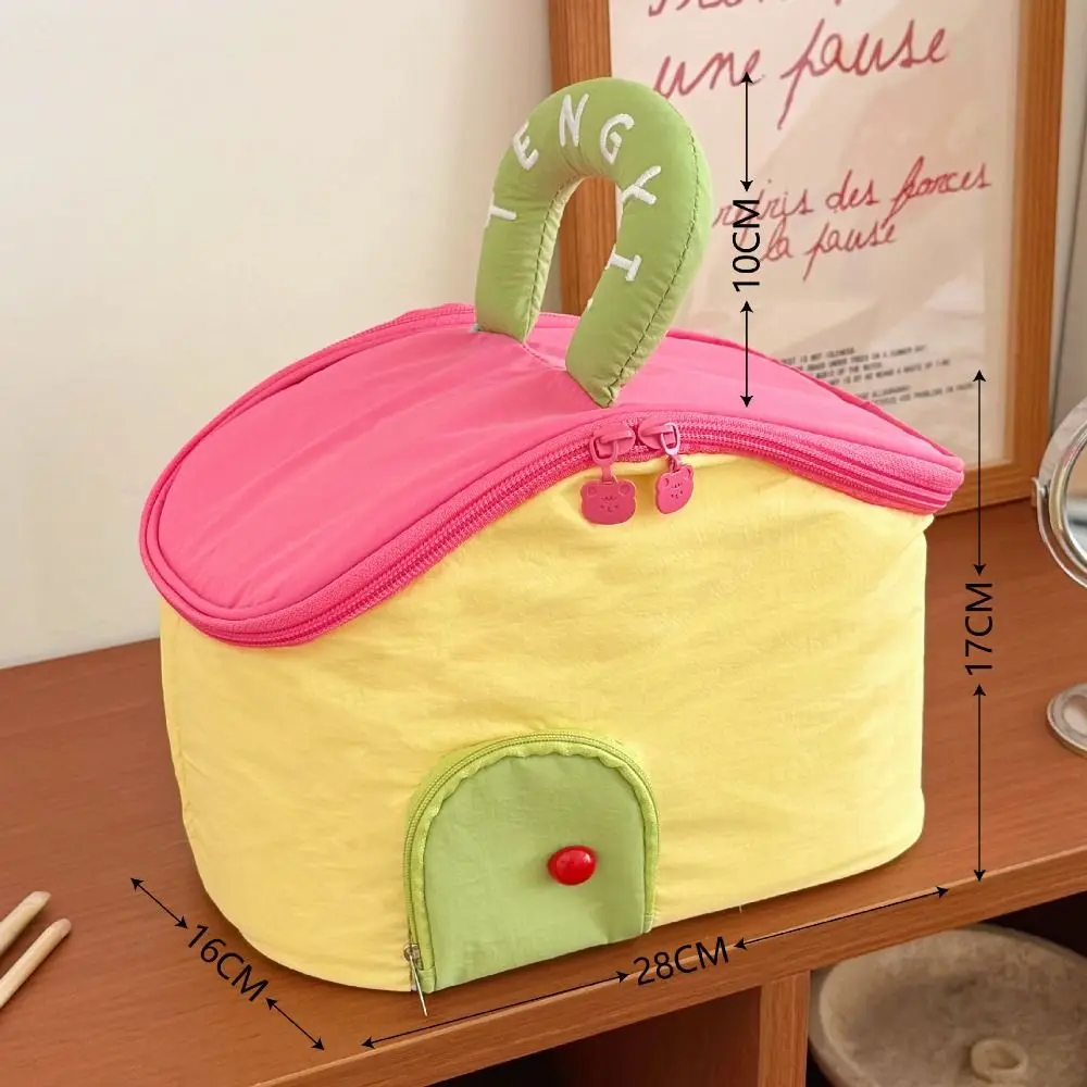 Waterproof Handheld Makeup Bag Nylon Cartoon House Shape Cosmetic Bag Multifunctional Clutch Bag Skincare Storage Bag Outdoor