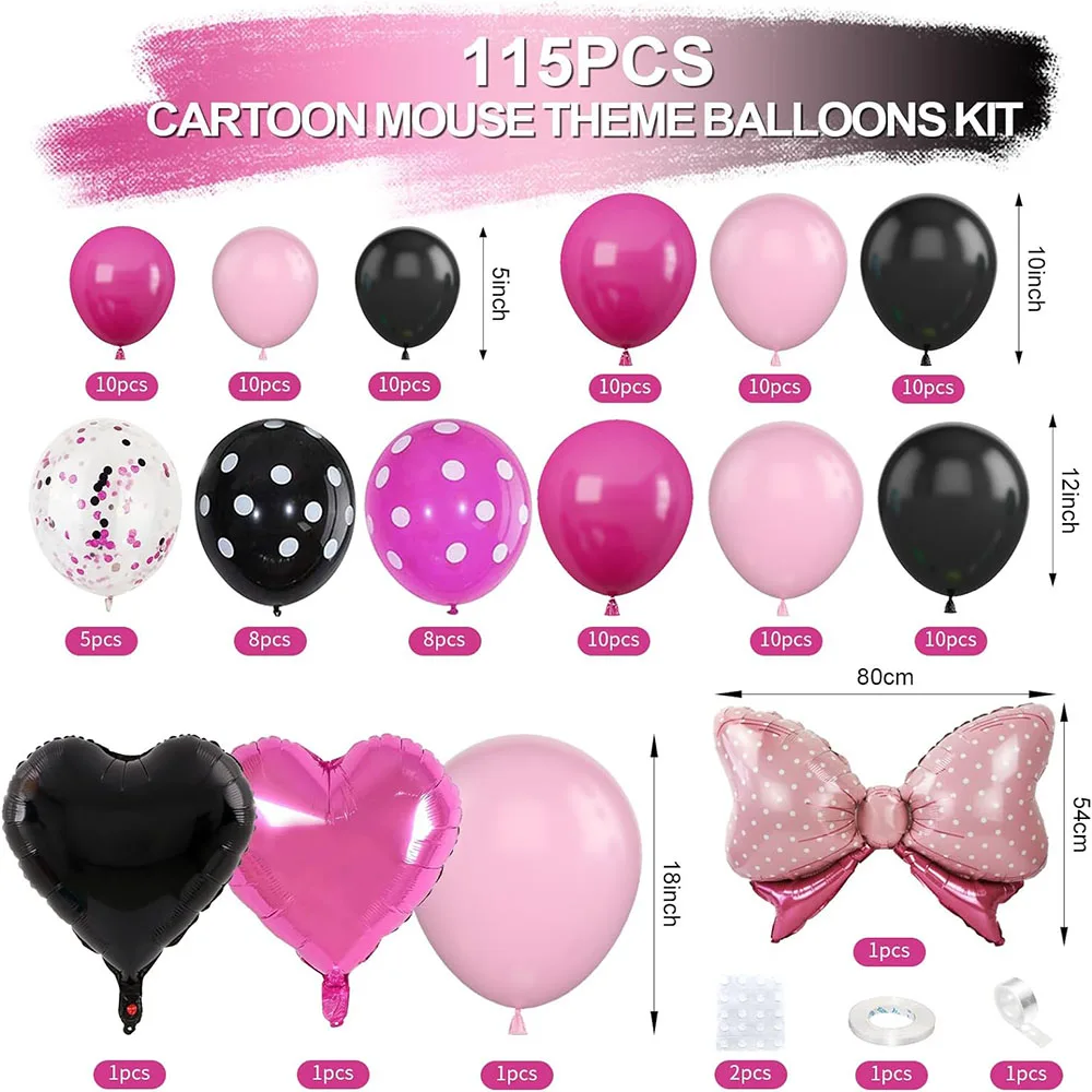 Black and pink balloon arch kit with heart-shaped pink bow balloons, suitable for baby showers, birthday parties