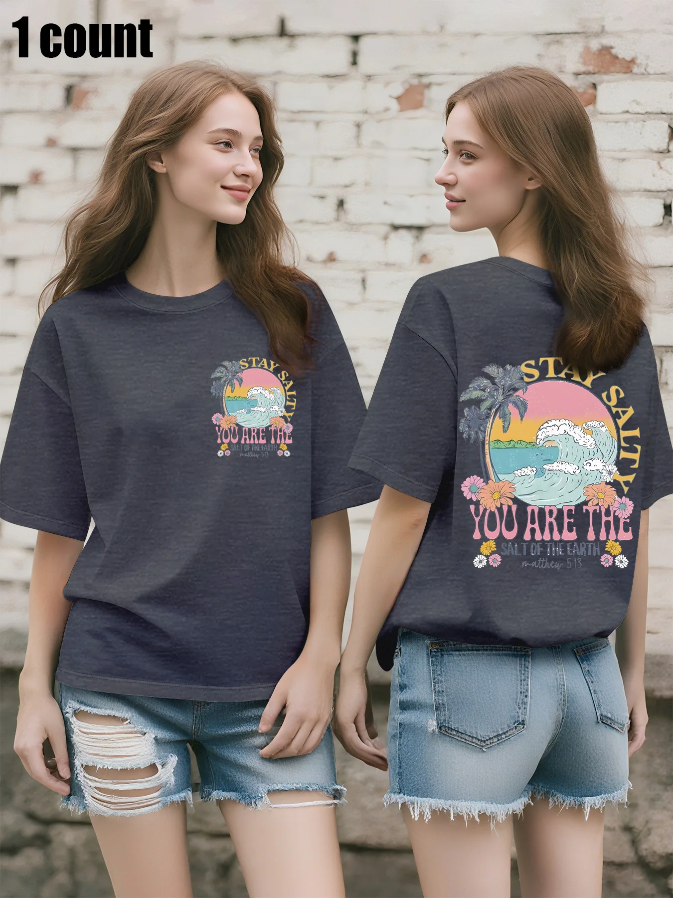Camiseta feminina plus size, estilo praia de verão, estampa Stay Salty, camisetas gráficas de manga curta soltas e respiráveis tops femininos