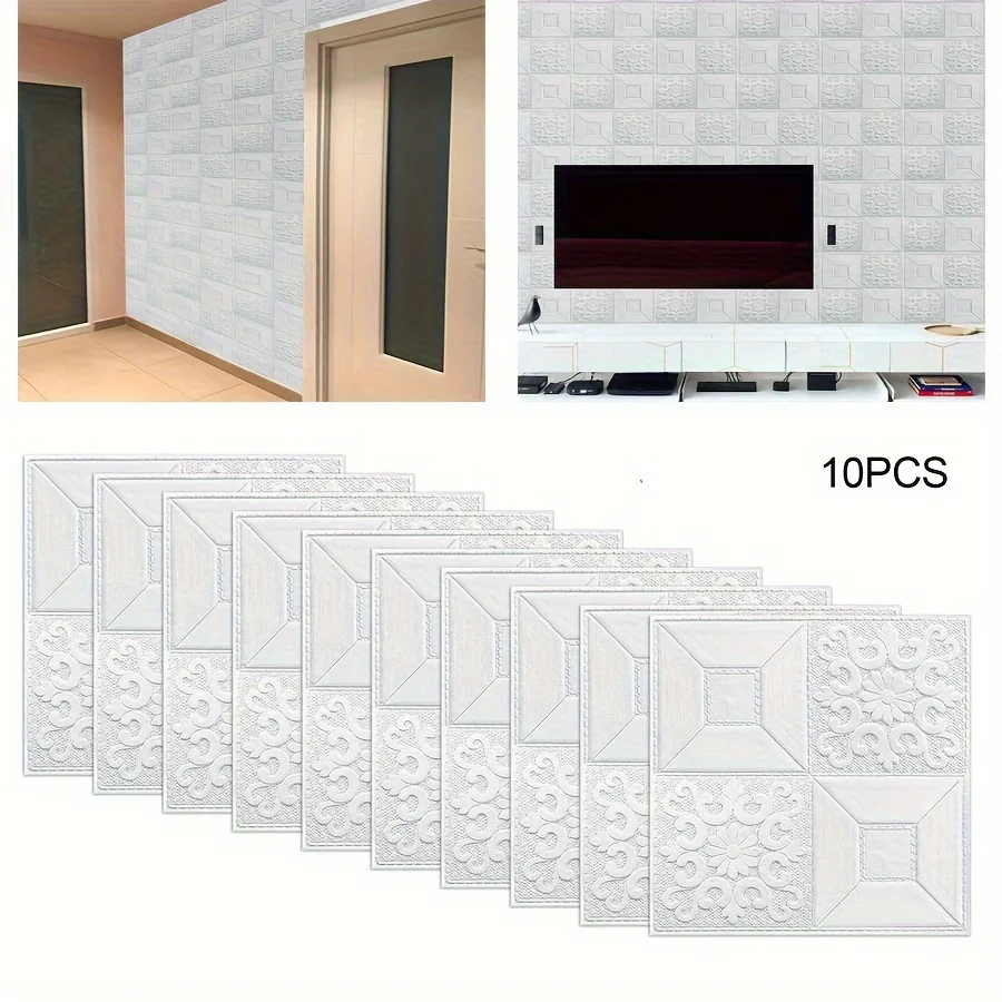 10PCS Foam Panel 3D Wall Sticker Bedroom Brick Decals Decoration For Kitchen Home Tile Vinyl Art White