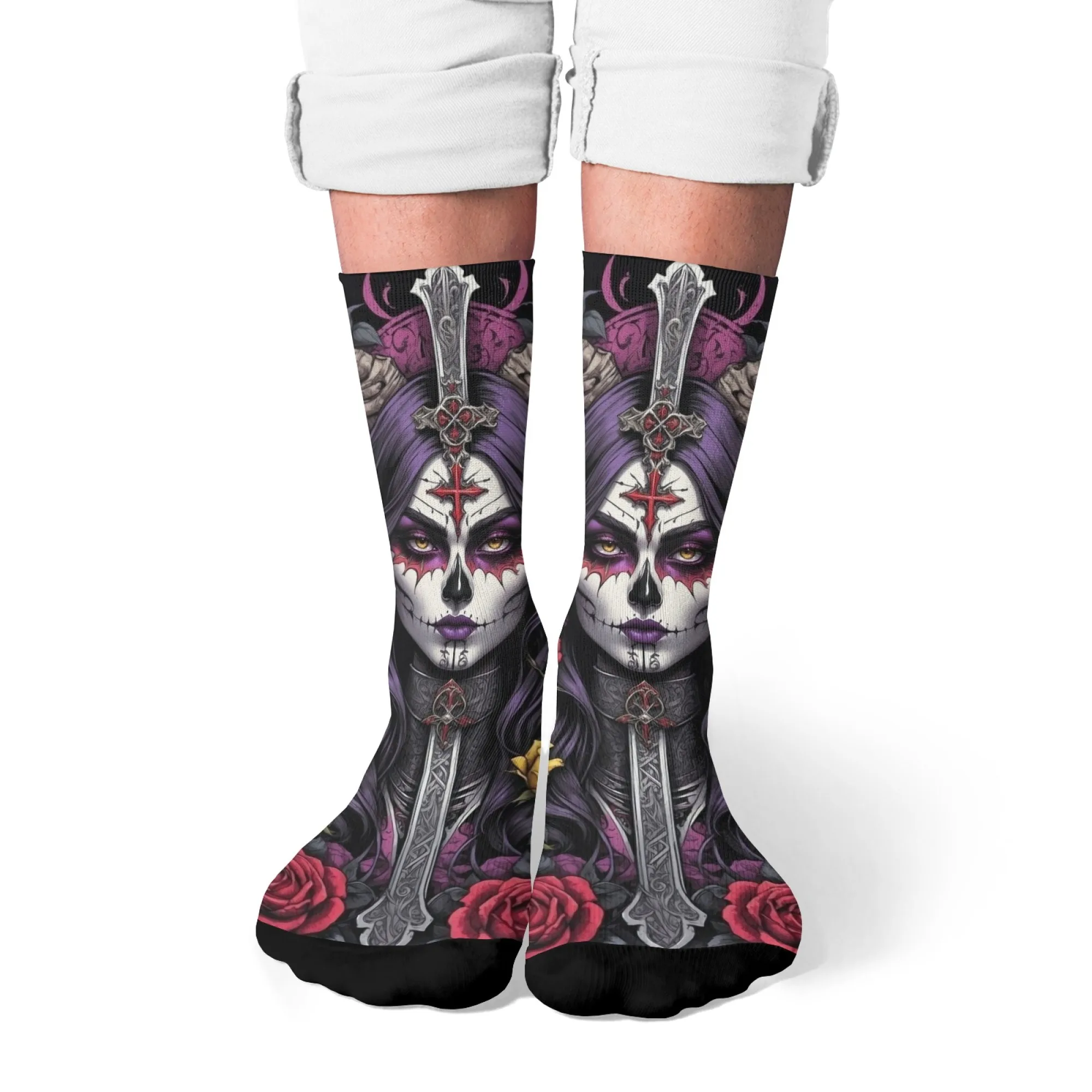 Geheimnisvolle dunkle weibliche Thema Druck Socken Straße Harajuku Retro-Stil Neuheit lustige verrückte Crew-Socken Unisex lässige Mode-Socken