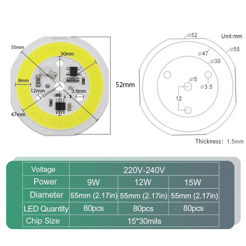 LED 220V Chip COB 9W 12W 15W Smart IC No Driver Round DOB Module 3000K 4000K 6000K Beads for DIY Floodlight Led Bulb Chips