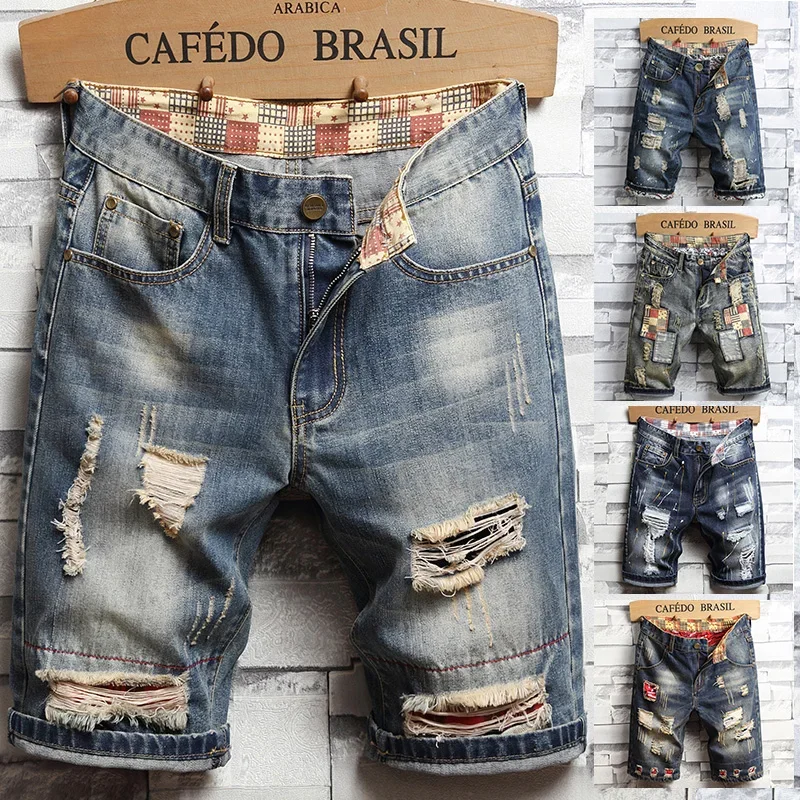 Letnie ubrania nowe męskie Vintage zgrywanie krótkie dżinsy Streetwear moda dziura proste wąskie spodenki jeansowe męskie markowe spodnie