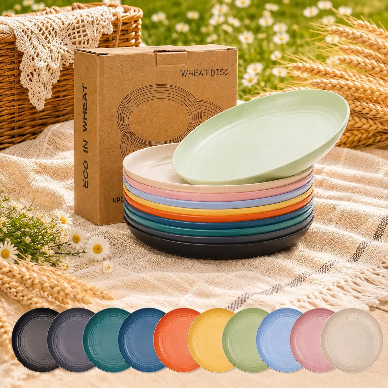 Eco-Friendly Unbreakable Wheat Straw Plates, Plastic Salad Dessert Trays with Raised Edge, Dishwasher Safe for Home/Outdoor