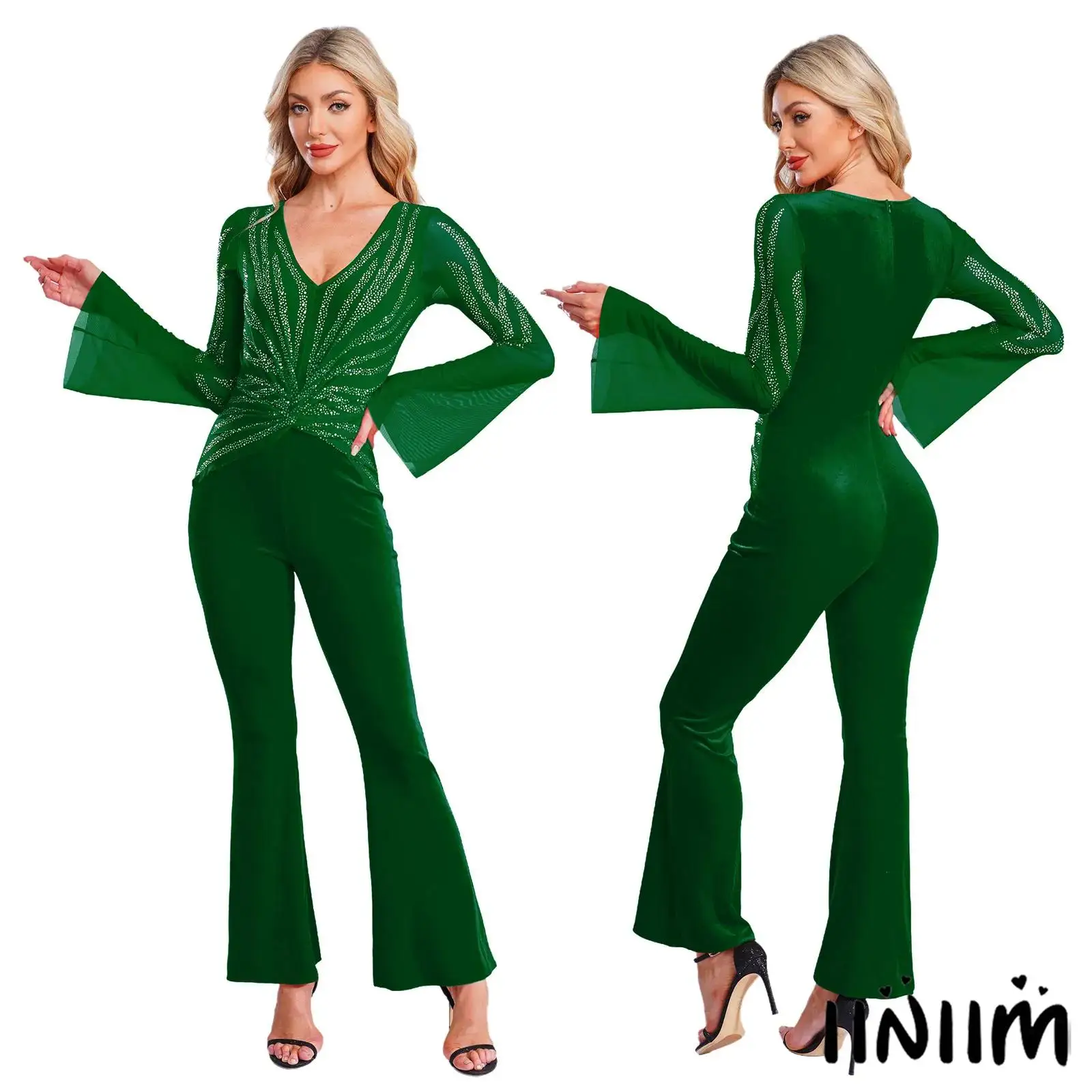 

Элегантное стильное боди для женщин, тюлевые расклешенные рукава и невидимая молния сзади, длинные брюки, повседневные свободные комбинезоны, комбинезон