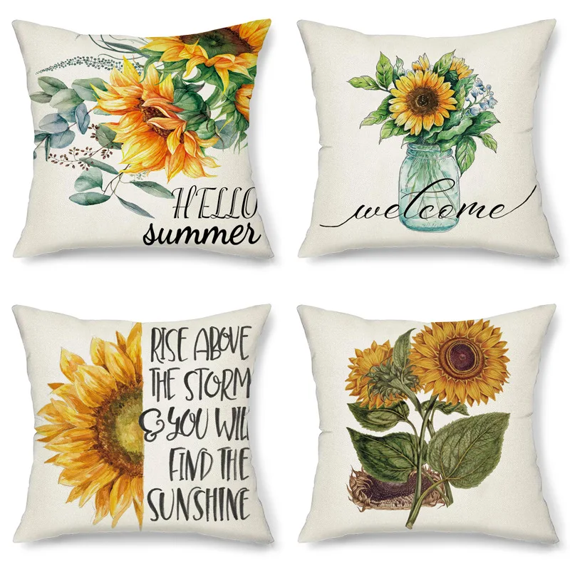 

Summer Sunflower Pillowcase with Watercolor Flowers Pillows Case for Garden Chair Living Room Pillow Cover Sofa Bed 45x45