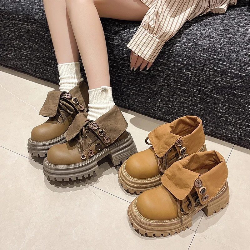 Boots for Women 2024 New Retro Lapel Big Yellow Boots Work Boots Platform Elevating Motorcycle Shoes for Women