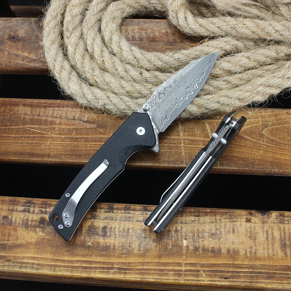 높은 경도 60HRC 다마스커스 접이식 칼 군사 전술 칼 탄소 섬유 손잡이 원래 야외 사냥 칼 잭나이프