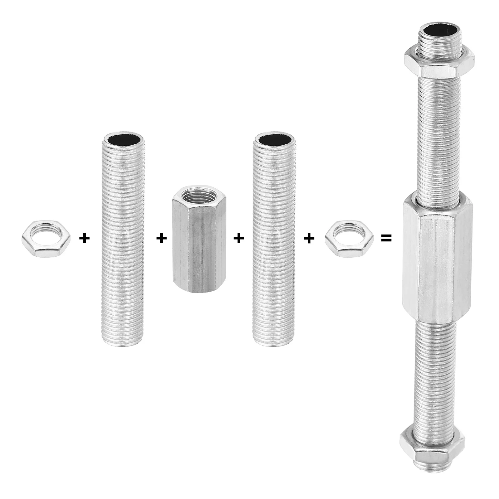 32/40Pcs M10 Fine Thread Lamp Pipe Repair Parts Kits M10x15-30 Metal Hexagon Closed Coupling Nut with Threaded Pipe and Hex Nut