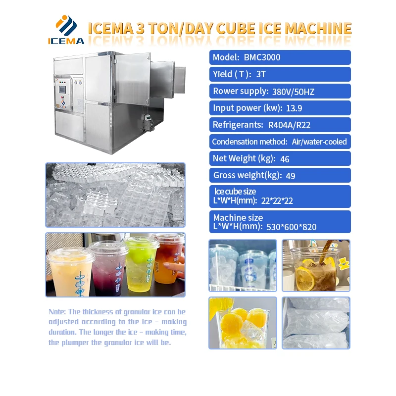 ICEMA Industrial 3 Ton Daily Ice Maker Machine 100kg Ice Storage Capacity With 110V Compressor And Motor Fabricadora De Hielo