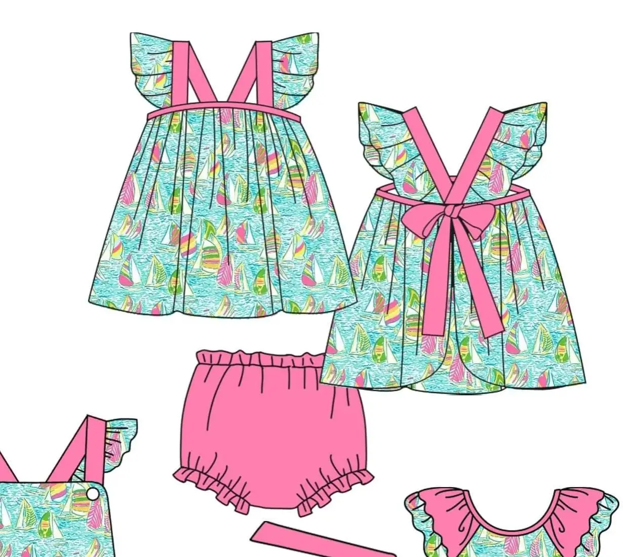 

Little Girl Sailboat Outfit Ruffle Sleeve Dress Baby Romper Bow Cute Summer Beach Casual Children Shorts Set