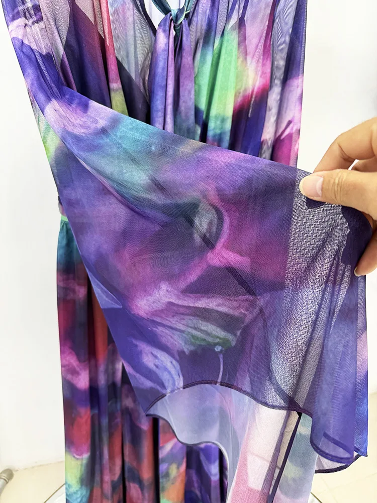 ハイストリート最新ファッション 2025 デザイナー Party Vestido 女性のドリフトスリーブカラフルなプリントホリデーロングドレス