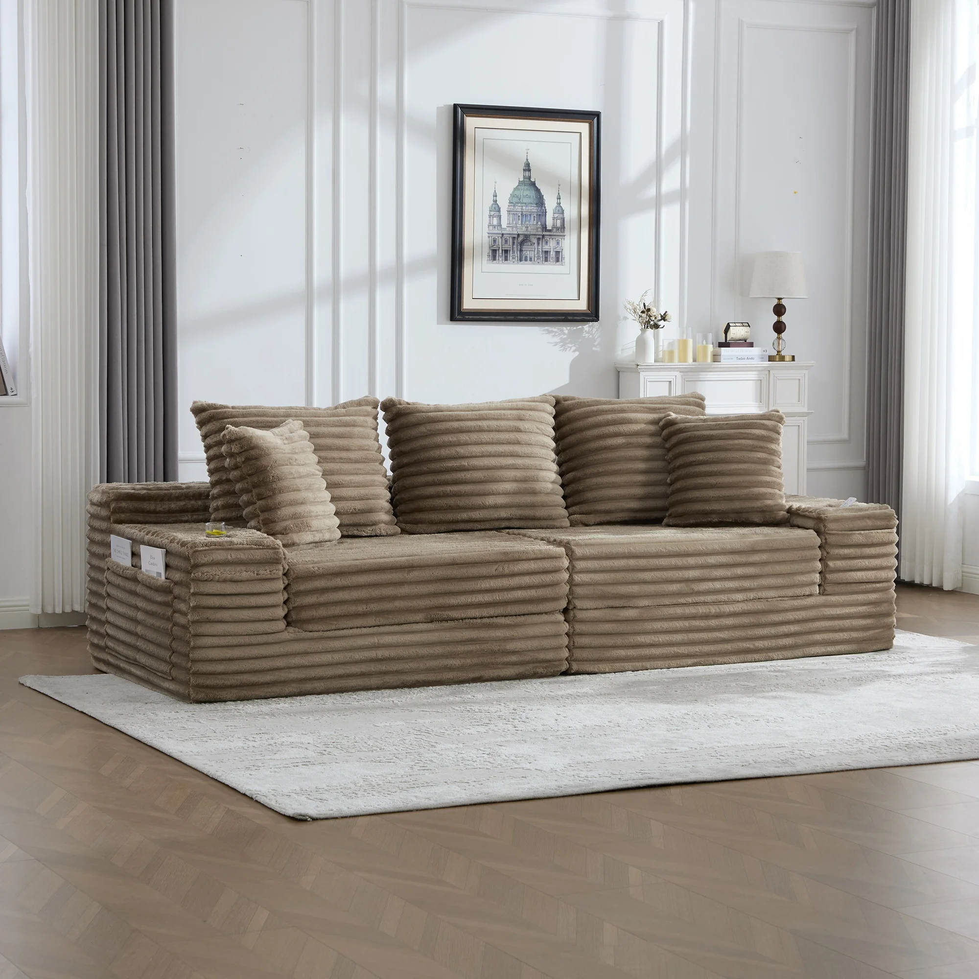 LVHOM 4-Sitzer Cordsofa mit Chaiselongue, Kissenrücken, Eckigen Armlehnen, Getränkehaltern & Seitentaschen für Wohnzimmer – Detail 3