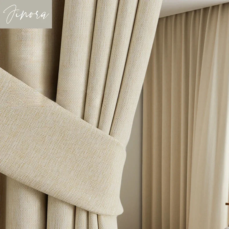 

Chenille blackout curtains for living room bedroom blackout Nordic simple modern cream solid color curtains customization