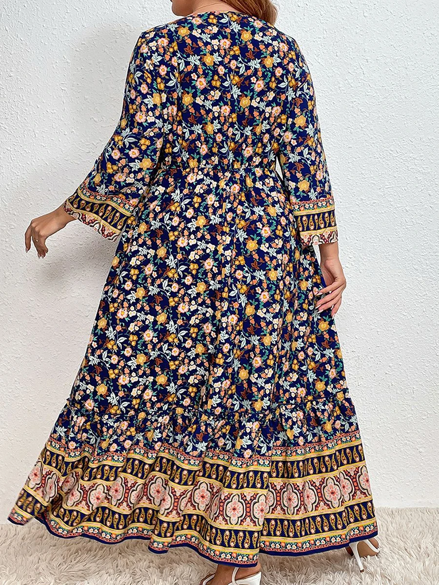 New Fashion Women Long Dress Loose Boho Floral Print Tie-Up V Neck Long Sleeve A-Line Dress For Fall XL-4XL