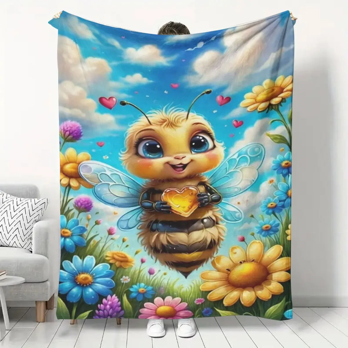 Cute Cartoon Bee Flannel Throw Blanket Lovely Baby Bee Holding Honey Heart Colorful Wildflowers Blue Sky Clouds Hearts Art Print