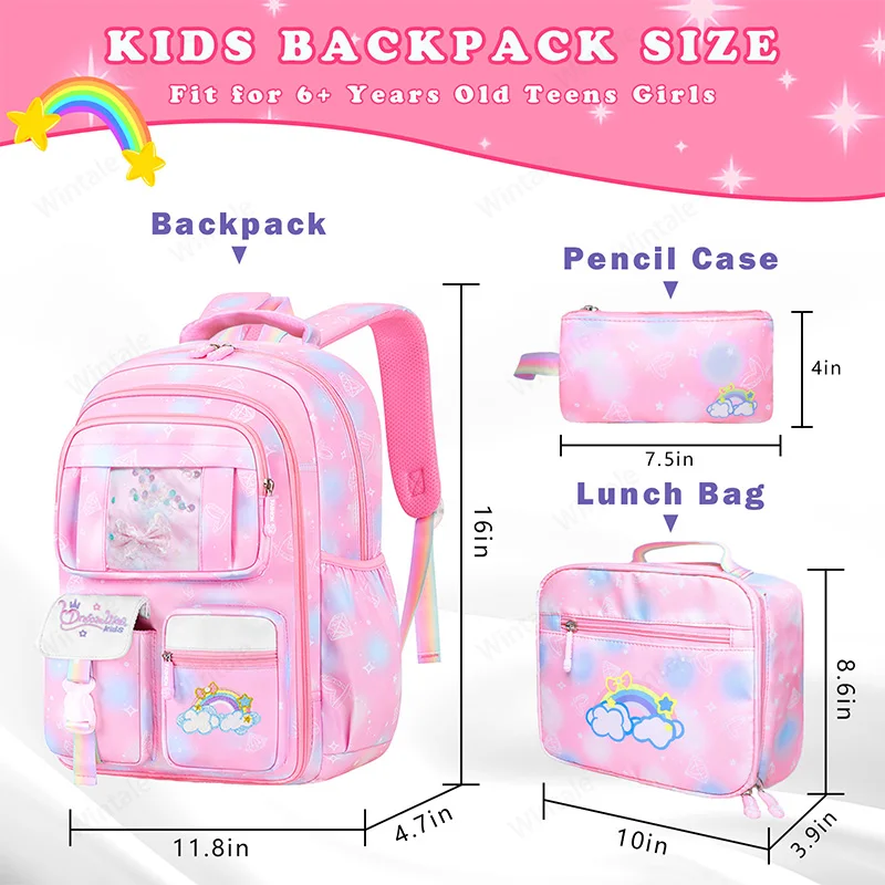 3Psc/1Set Girls School Backpack Primary School Bag for Child Students with Lunch Carrying Bag Kids Travel Backpack