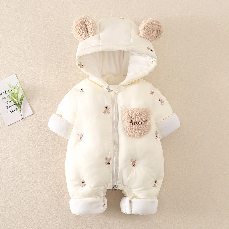 

AYNIGIELL Winter Baby Jumpsuit Thick Warm Infant Hooded Inside Fleece Rompers Newborn Boy Girl Overalls Outerwear Baby Sets