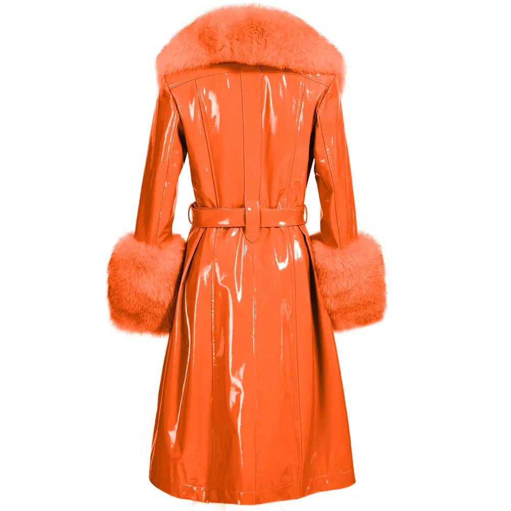 Denny&Dora Plus Size Coat Women\'s Coats Long Leather Trench Fur Collar Orange Jacket