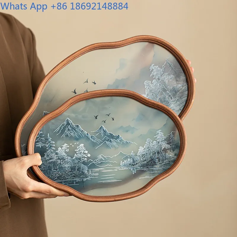 Landscape Glass Tray Teapot Holder Tea Tray Home Use New Chinese Style Retro Landscape Ink Painting