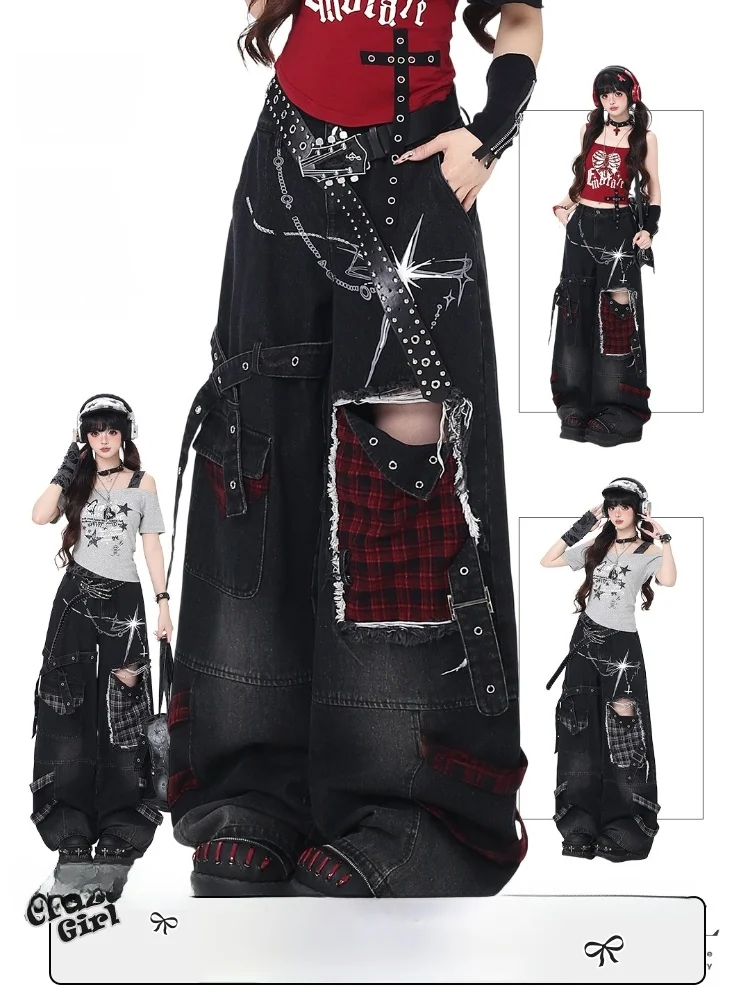 Crazygirl Original Punk Streetwear Summer Denim Pants High Waist Loose Fit Hole Design Vintage Style Women's Jeans Spring