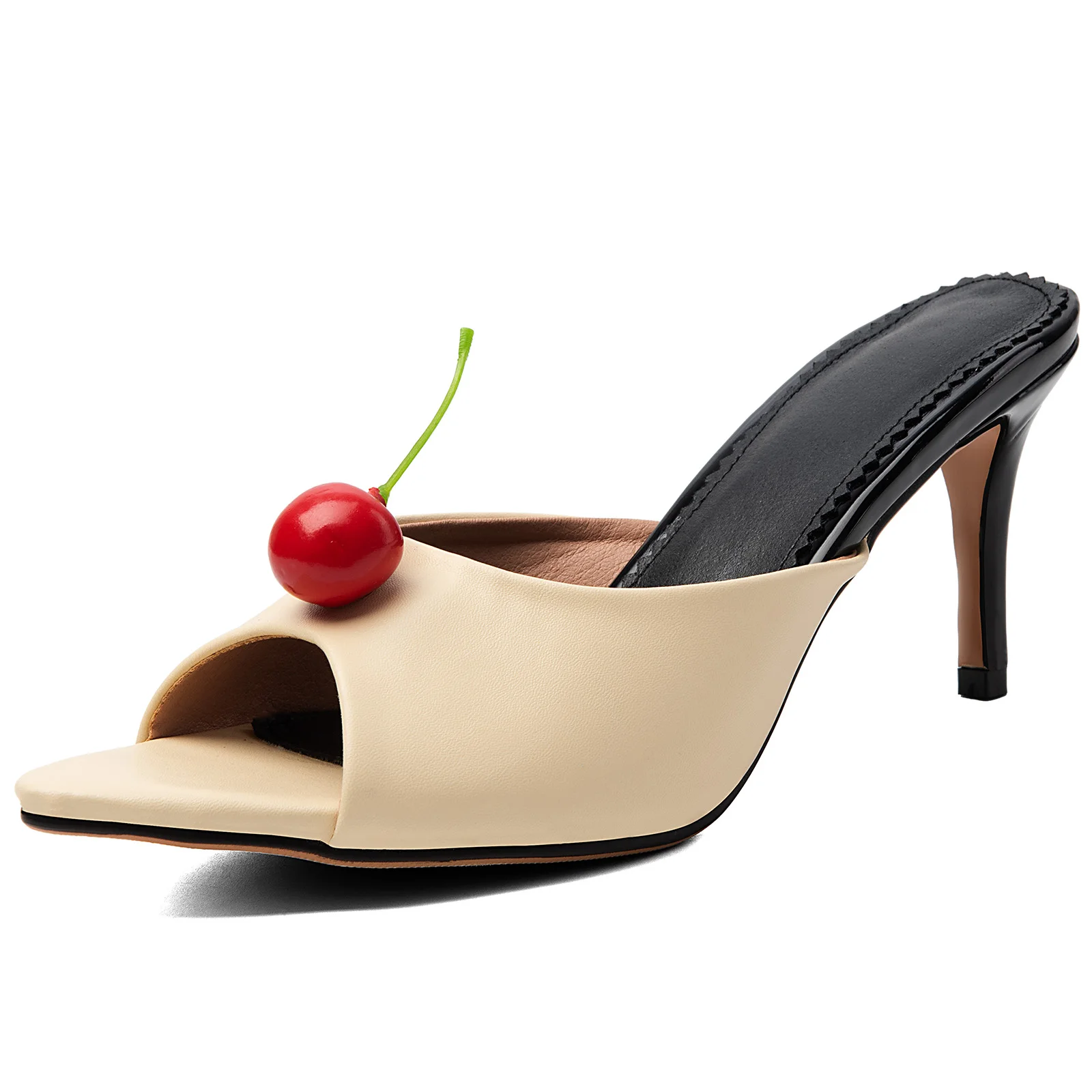 Women Cherry Decor Mules High Heel Slippers Open Square Toe Thin Heels Slip‑on Backless Sandals Fashion Party Dress Ladies
