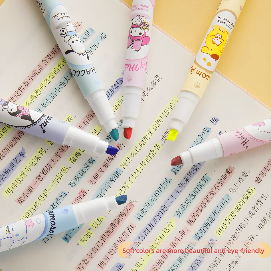 6Pcs/box Sanrio Hello Kitty Highlighter Pen Set Kawaii Kuromi Melody Cinnamoroll Art Fluorescent Markers Pens School Stationery