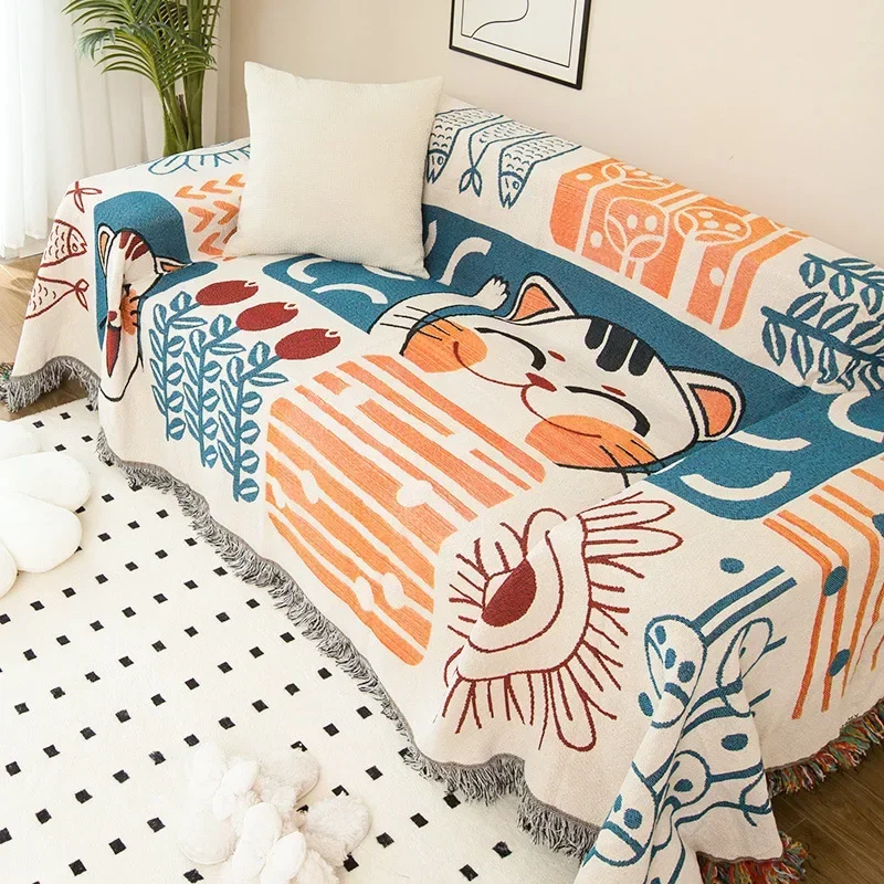 Cartoon Sofa Cover Towel Jacquard Double Use Beds Blanekets Throw Blanket Picnic Mat With Tassel Sofa Bed Universal Decorative