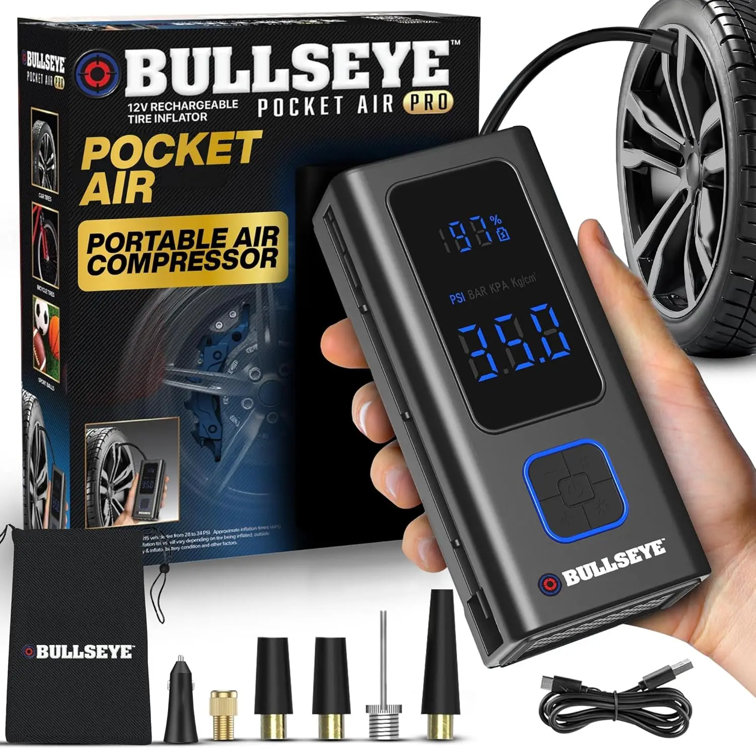 Portable Tire Inflator with Auto Shut Off, 150 PSI, Cordless Rechargeable for Cars and Bikes