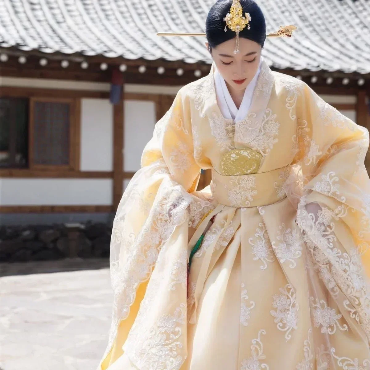 Ropa coreana amarilla para mujer, traje tradicional de palacio Hanbok, vestido elegante moderno de moda de lujo, fotografía de escenario para fiesta한