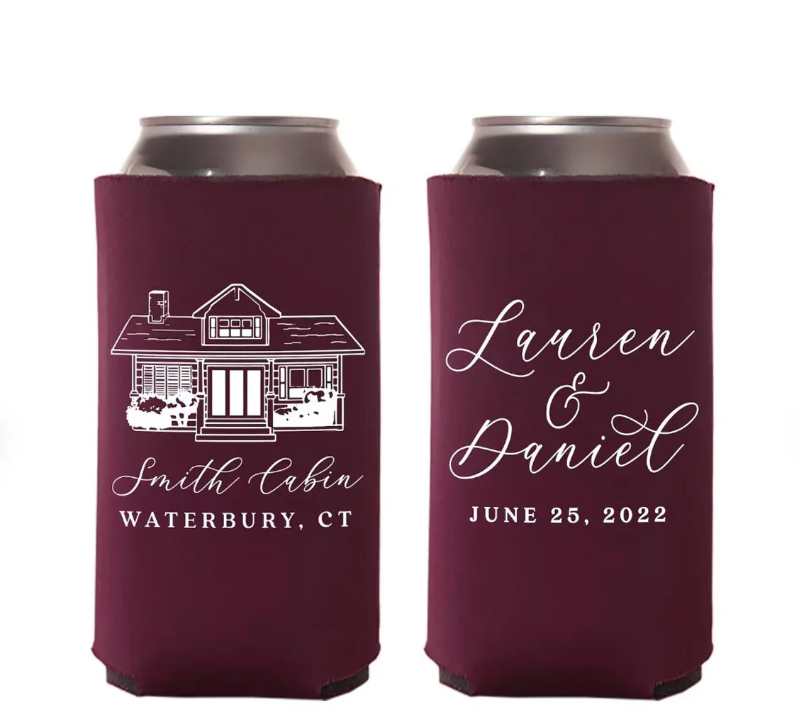 Wedding Regular & Slim Can Cooler Package #191RS - Custom Venue Illustration - Wedding Favor Package, Wedding Favor, Beer Can Ho