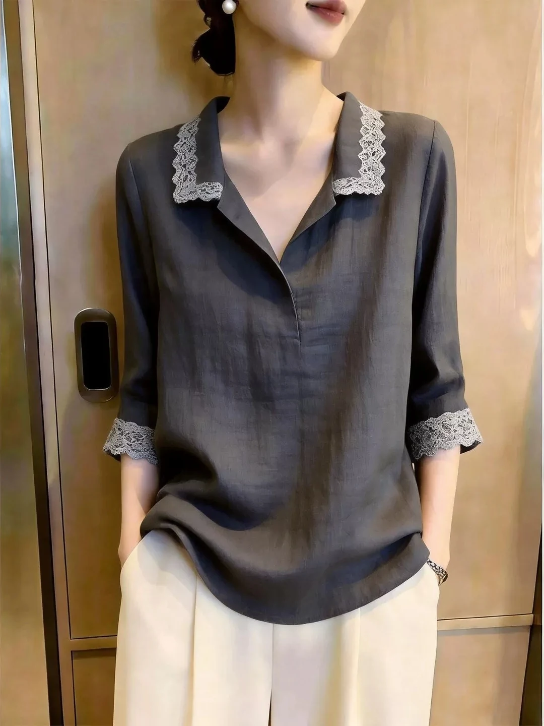 Stylish Casual Lace Collar Shirt Women's Deep Grey Versatile Comfortable Polyester Fiber Nine Points Sleeve Length Regular Fit