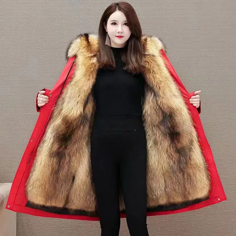 New Women's Hooded Overcomes Detachable Fur One Fur Jacket Winter Warm Fur Coat Premium Female Thick Imitation Fox Fur Outerwear