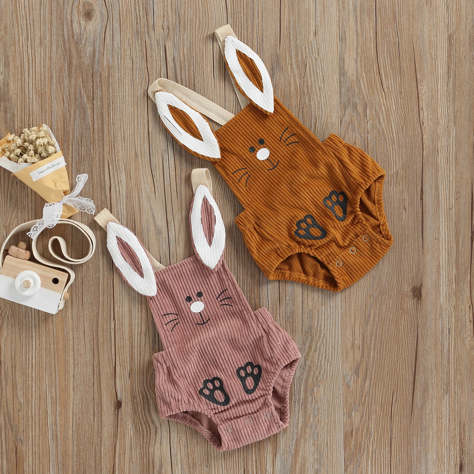 

Baby Cute Easter Day Romper Sleeveless Cartoon Rabbit Button Closure Corduroy Backless Bodysuit Jumpsuits for Girls Boys Costume