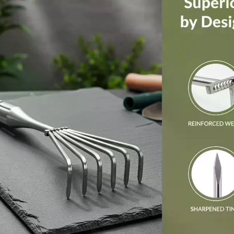 New Stainless Steel Small Rake With Integrated Steel Handle Multi-claw Soil Rake For Garden Soil Loosening Raking Tool