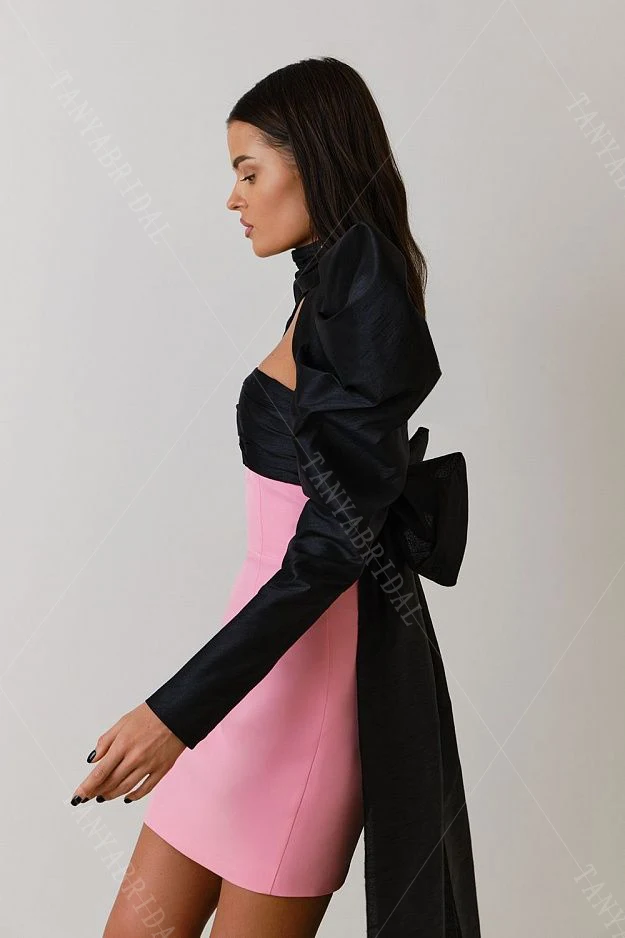 取り外し可能なボレロ付きの黒とピンクのタフタホームカミングドレス。蝶ネクタイ付きの長袖シースフォーマルガウン DE002