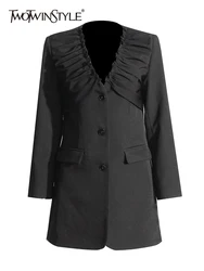 TWOTWINSTYLE-Blazer con pliegues de retazos para mujer, chaqueta de manga larga con cuello en V empalmado, de un solo pecho, elegante, a la moda, novedad