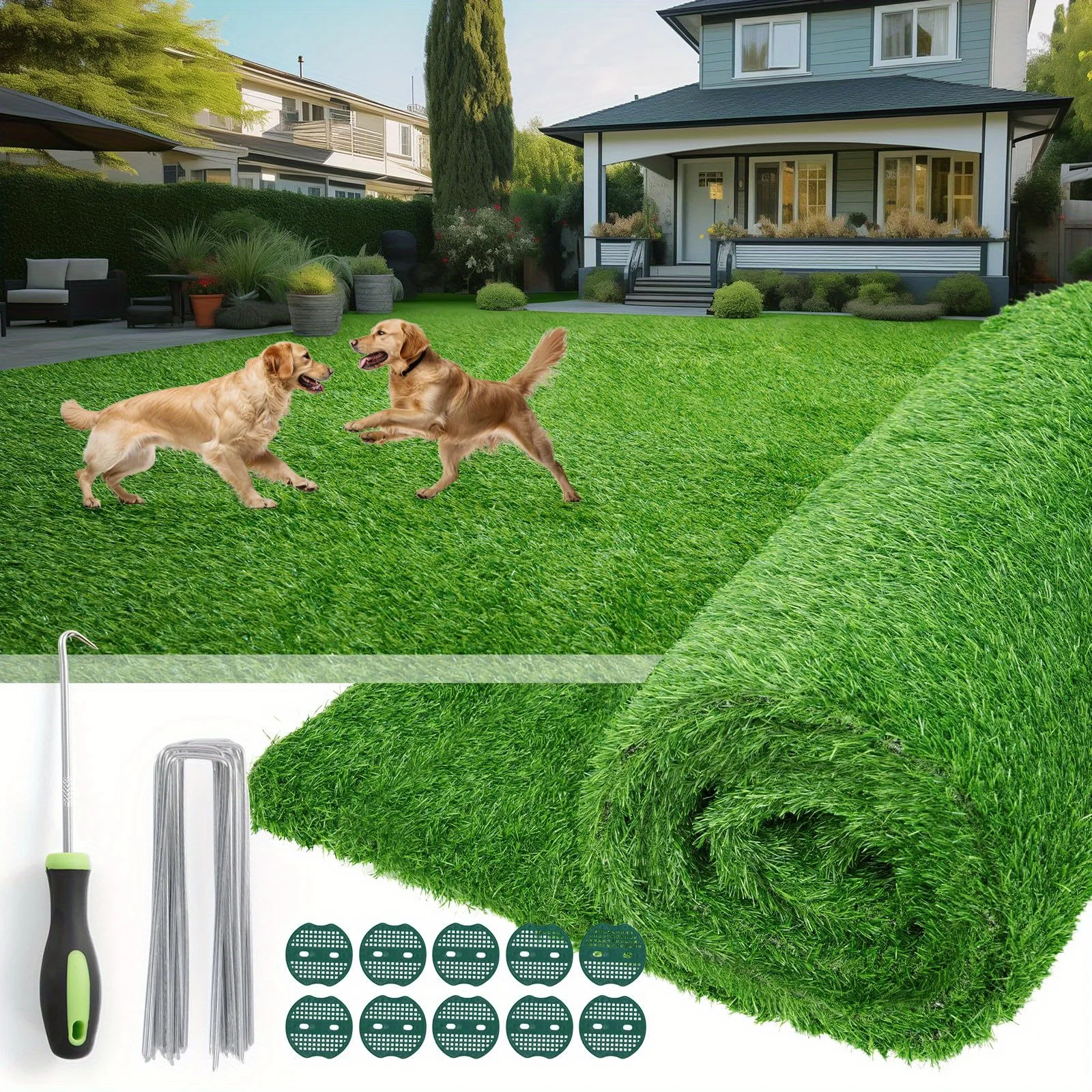 

Green Realistic Artificial Grass 1.2" Pile Height Synthetic Turf Rug Fake Grass Mat with Drainage Holes & Rubber Backing for Indoor Outdoor Lawn Landscape Garden, Balcony, Patio, with Accessories