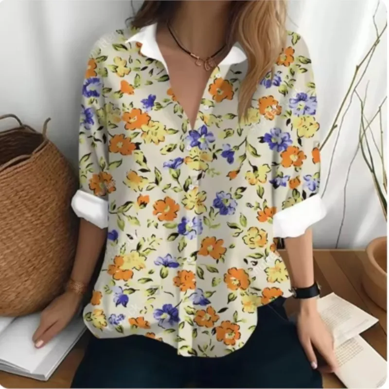 New elegant women's long sleeved shirt with floral printed personalized and comfortable street collar button up shirt for women