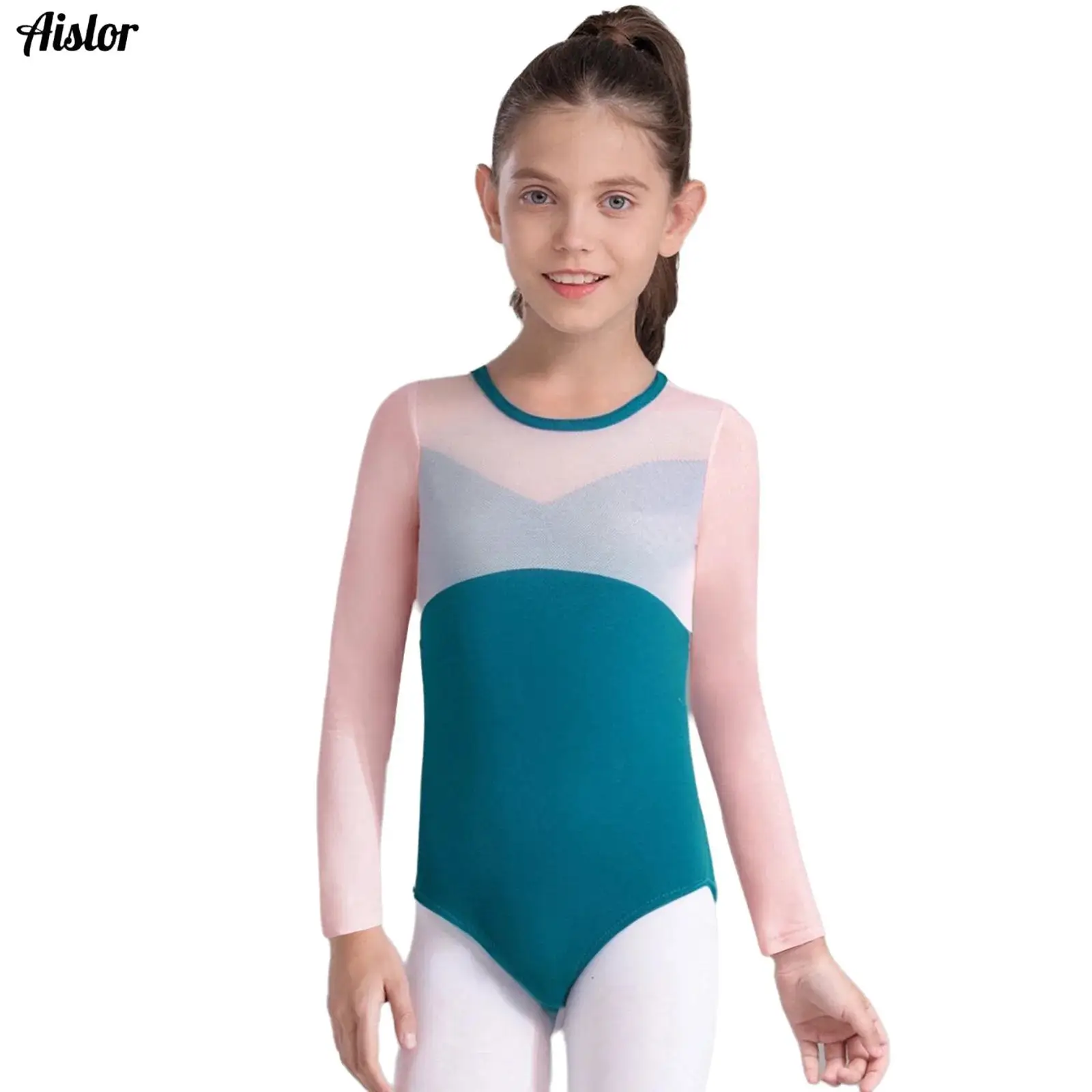 

Kids Girls Color Block Ballet Leotard Long Sleeves Press Button Crotch Sheer Mesh Patchwork Dance Bodysuit Gymnastics Unitard