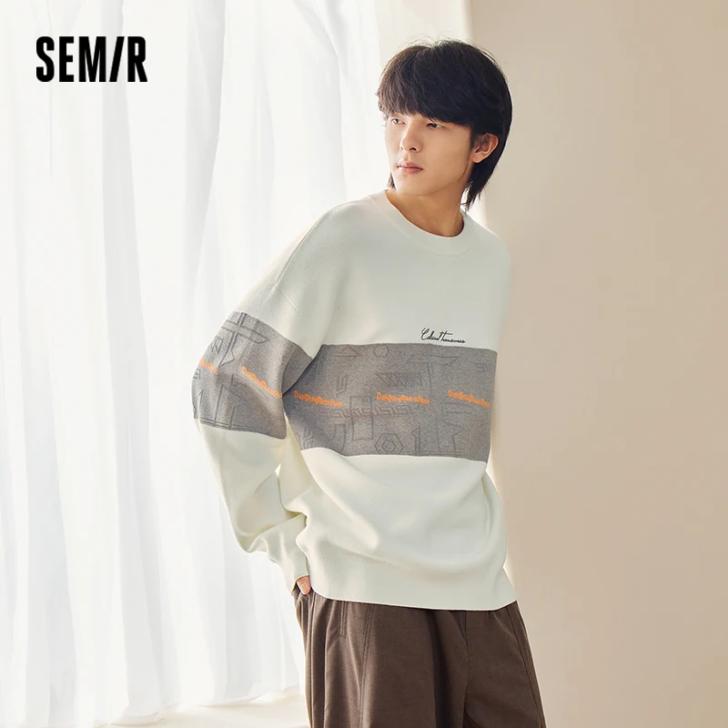 Semir Sweater Men Winter Korean Style Knitted Sweater Contrasting Color Splicing Embroidered Jacquard Sweater